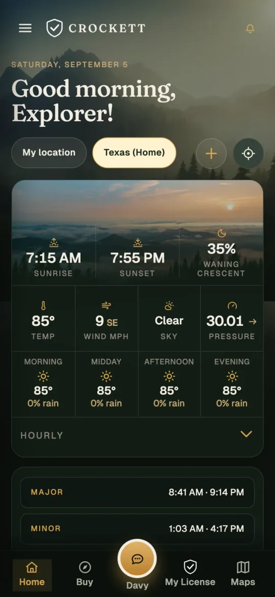 Crockett home screen with weather and outdoor conditions